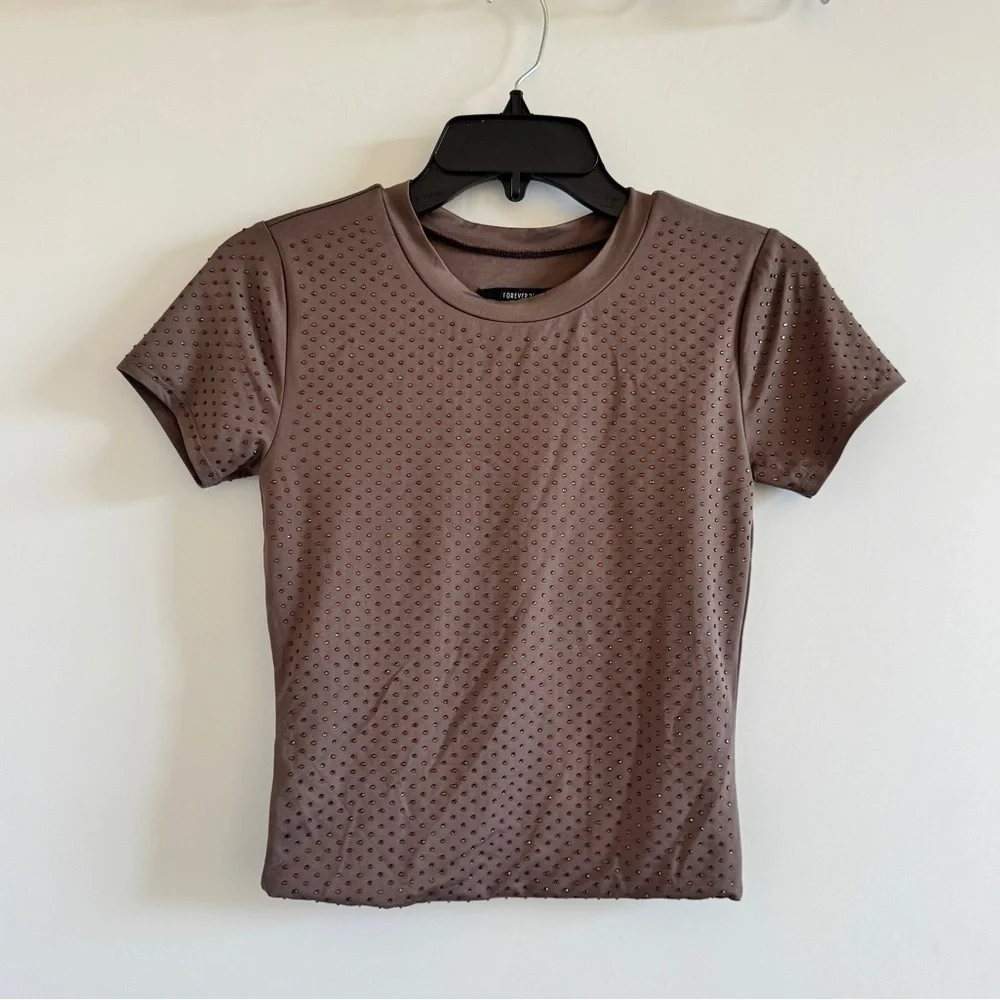 NWT Forever 21 set suit with rhinestones Brown Short Sleeve Top Pants S brown - Picture 8 of 9